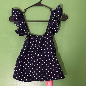 Navy Polka Dot Ruffle Top